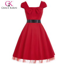 Grace Karin Stock Cap Ärmel quadratischen Hals High Stretchy Retro Style Red Vintage Kleid CL008951-2